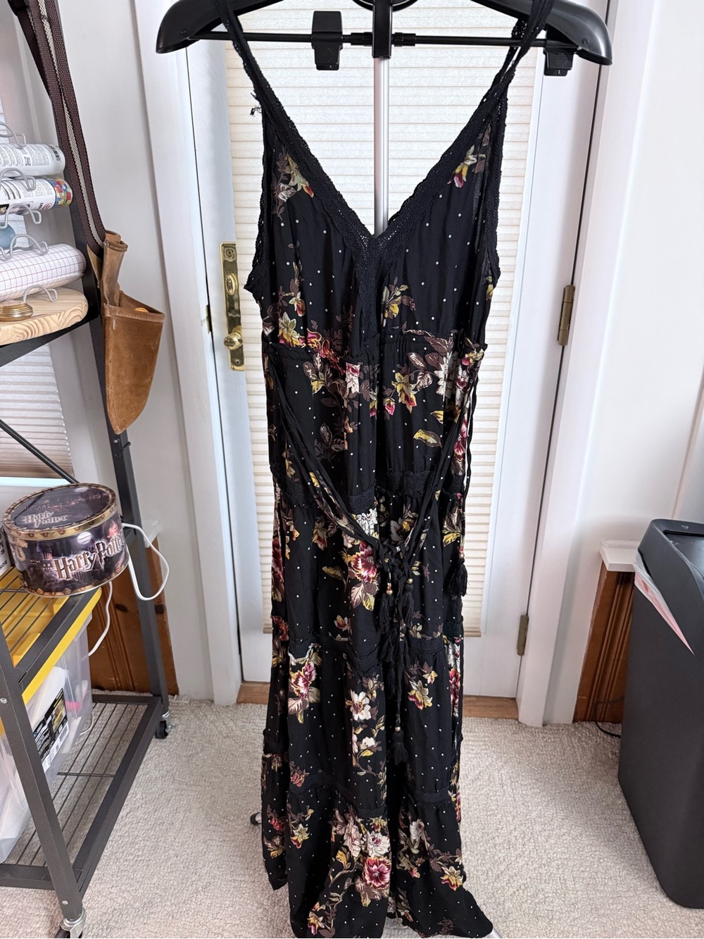 Nostalgia Black Floral Tank Style Bohemian Maxi Dress size small with waist tie